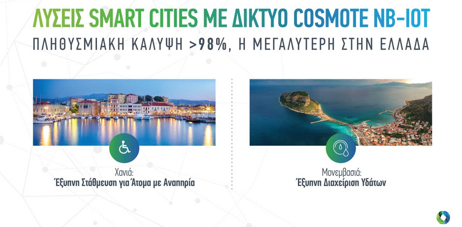 COSMOTE: Λύσεις smart cities με τεχνολογία ΝΒ-ΙοΤ στα Χανιά και τη Μονεμβασιά