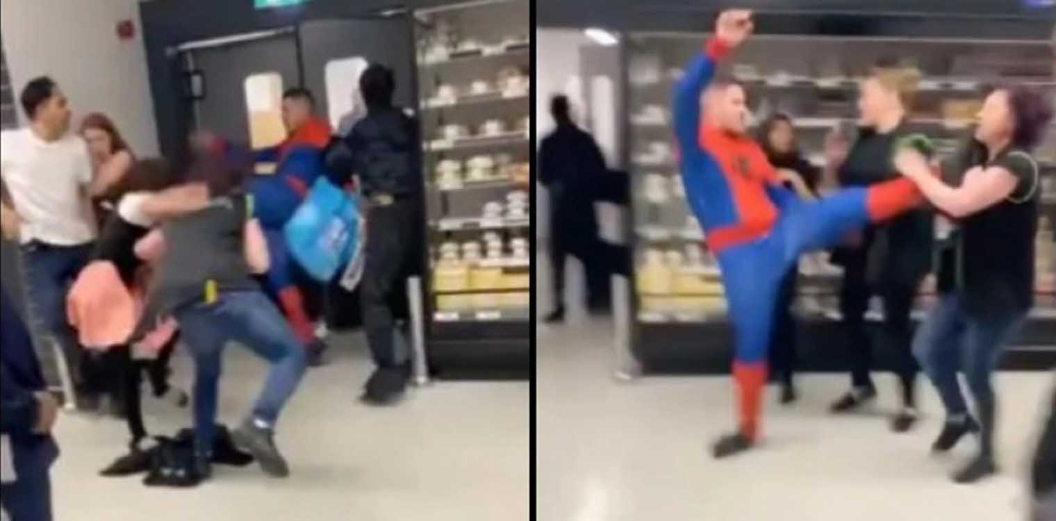 Αδιανόητο ξύλο σε σούπερ μάρκετ: Ντυμένος Spiderman μοίραζε μπουνιές και κλωτσιές (video)