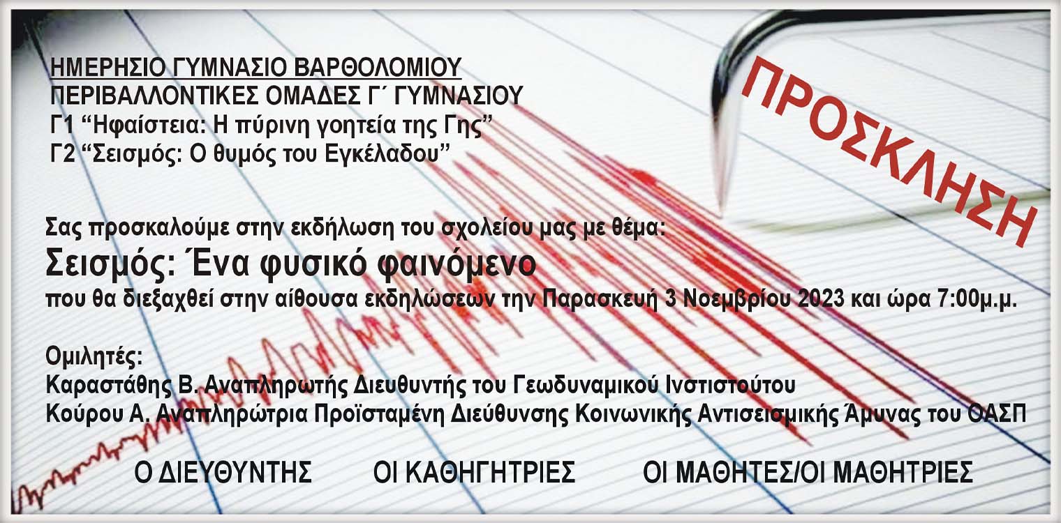 Γυμνάσιο Βαρθολομιού: Εκδήλωση με θέμα «Σεισμός: Ένα Φυσικό Φαινόμενο» την Παρασκευή 3/11