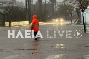 Σφοδρή κακοκαιρία «χτυπάει» τον Πύργο – Δρόμοι ποτάμια από την έντονη βροχόπτωση (photos)