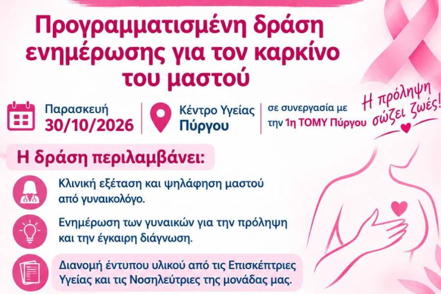 Πύργος: Δράση πρόληψης και έγκαιρης διάγνωσης του καρκίνου του μαστού