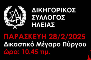 Καθολική αποχή των μελών του Δικηγορικού Συλλόγου Ηλείας από τα καθήκοντά τους σήμερα Παρασκευή 28-2