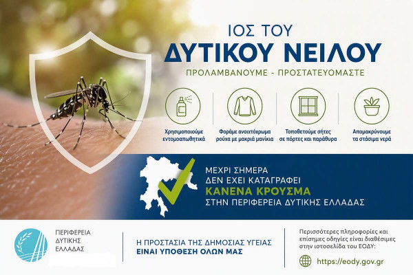 Περιφέρεια Δυτικής Ελλάδας: Ενημέρωση και μέτρα πρόληψης από τον Ιό του Δυτικού Νείλου