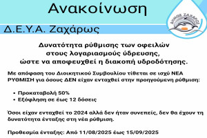 Ρύθμιση οφειλών στη ΔΕΥΑ Ζαχάρως
