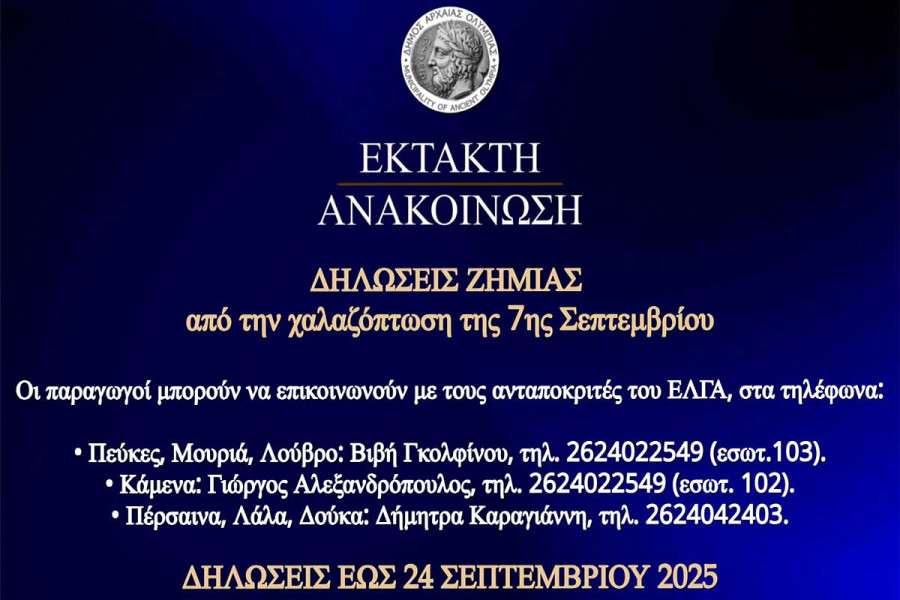 Έναρξη υποβολής δηλώσεων ζημίας από τη χαλαζόπτωση που έπληξε κοινότητες του Δήμου Αρχ. Ολυμπίας